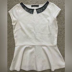 The Limited Size Small White Peplum Shirt with black lace faux collar